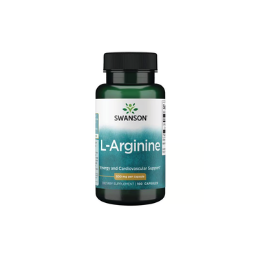Swanson L-Arginine 500 mg 100 Capsules supports energy and cardiovascular health by promoting nitric oxide production and circulatory system support.